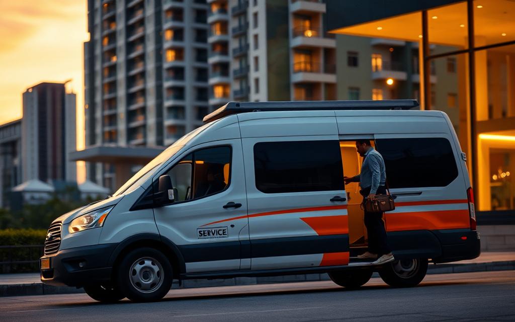 Sky Forma technician arriving at a Kuala Lumpur condo at night for an emergency call