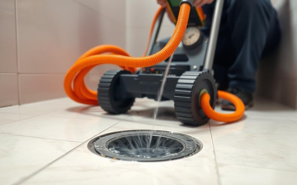 High pressure water jet clearing a blocked household drain