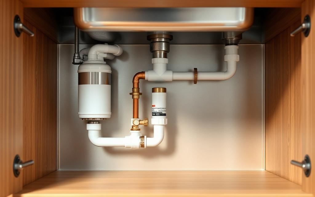 Under-sink kitchen plumbing fit-out with neat copper piping