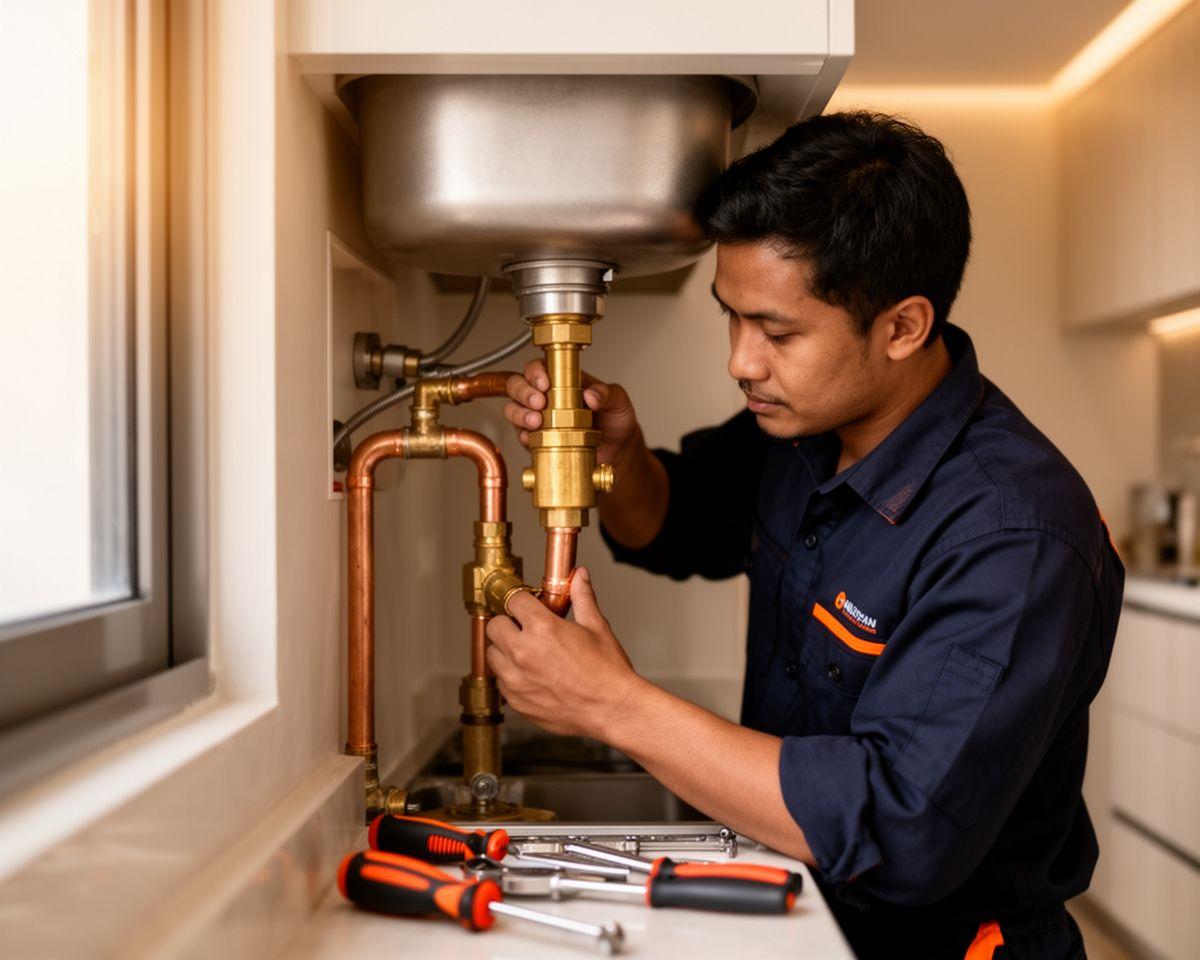 Sky Forma technician fitting copper pipework under a kitchen sink