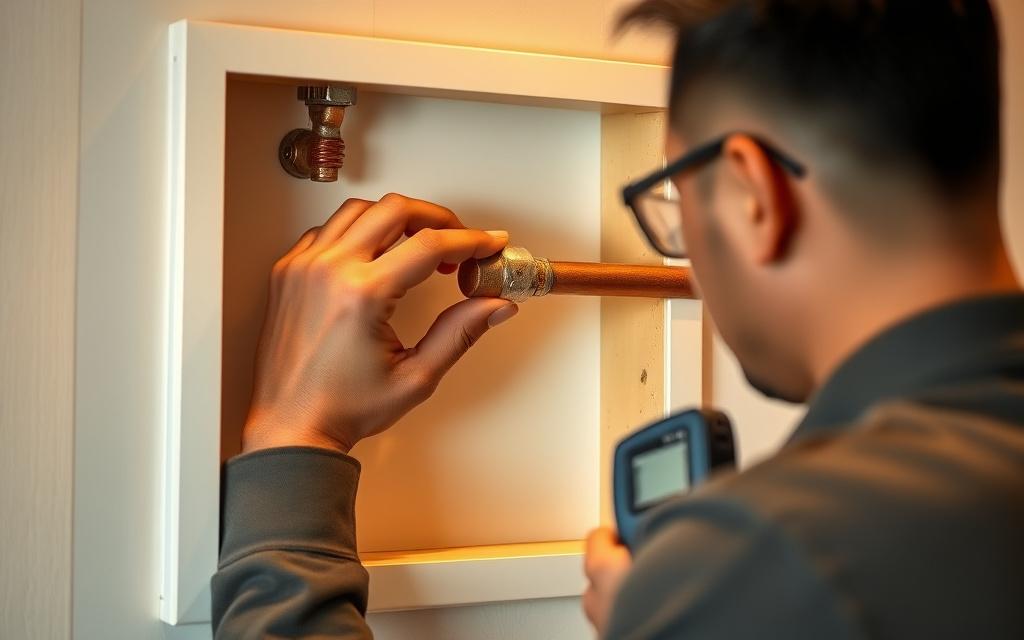 Plumber pinpointing a copper pipe leak behind a wall