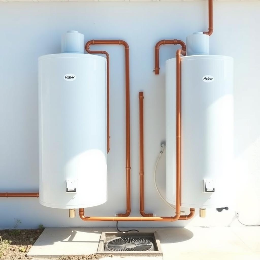 Two storage water heaters cleanly installed in a service yard